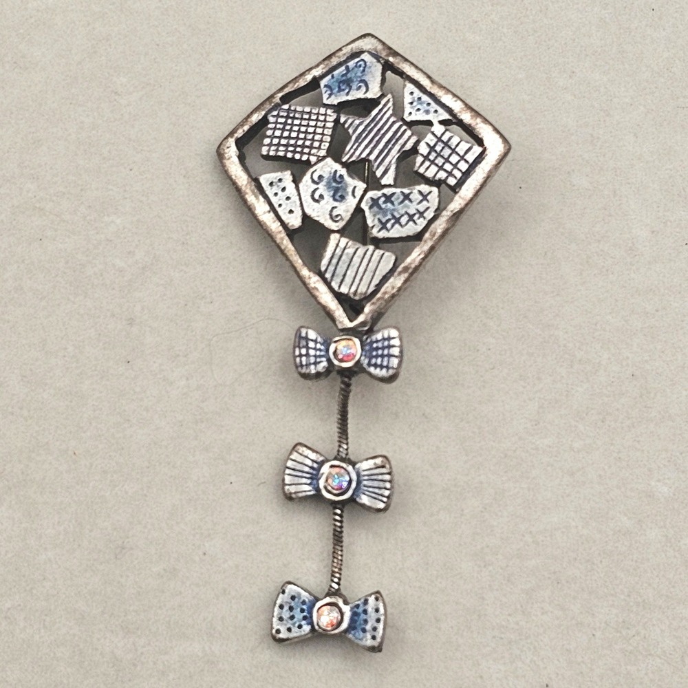 Patchwork Kite Brooch Silver Tone Statement Articulated Bows Dangle‎ Whimsical